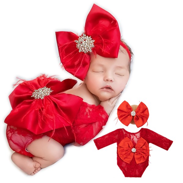 Newborn Photography Props, Infant Girl Photoshoot Lace Romper & Bow