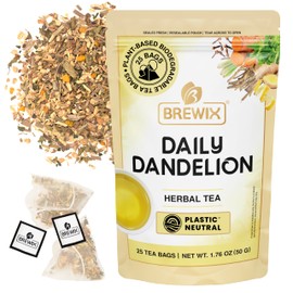BREWIX, Daily Dandelion Root Tea Bags (25 Pyramid Tea Bags) Caffeine-Free Herbal Blend | Dandellion Root with Ginger, Licorice, Tulsi, Lemongrass, Turmeric | Direct from Source