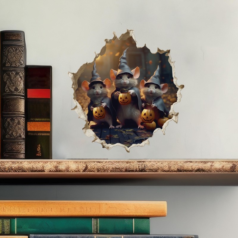 Trick or Treat Witch Mice in Mouse Hole Decal -