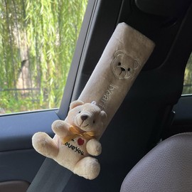 ZOSTLAND 2Pcs Car Seat Belt Pad Cover,Soft Auto Safety Strap Shoulder Pads,Plush Yellowish-Brown Cartoon Bear Doll SeatBelt Cover,Cute Harness Pad,Compatible with All Cars and Backpack(2Pcs Bear)