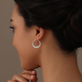 LeCalla 925 Sterling Silver Hoop Earrings for Women | Antique Textured Round Hoop Earrings | Women's Ribbed Creole Earrings 28MM