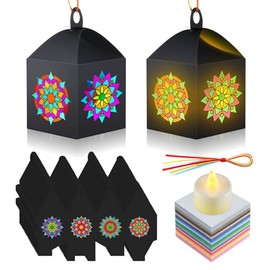 Simgoing 24 Sets Mandala Crafts with LED Candle Light Mandala Flower Tissue Paper Crafts Kits DIY Your Own Suncatchers Lanterns Hanging for Home Birthday Party Decoration Gifts Art Activities