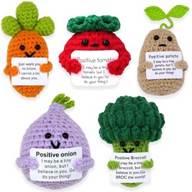 QNNEFF 5 Pack Emotional Support Vegetables Dolls Funny Positive Potato Crochet Carrot Knitted Broccoli Positive Tomato Onion with Inspirational Cards Encouragement Gifts