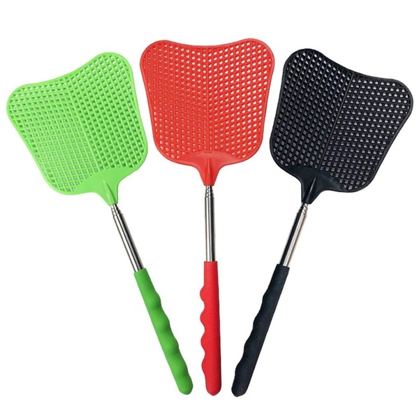 foxany Fly Swatters Extendable, Durable Plastic Fly Swatter Heavy Duty Set, Telescopic Flyswatter with Stainless Steel Handle for Indoor/Outdoor/Classroom/Office (3 Pack)