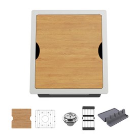 Koardink 15x17 In Stainless Steel Undermount Bar Sink Modern Single Bowl Drop In Kitchen Sink Workstation Combo - SS Grid, Cutting Board, Drain Assembly