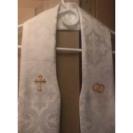 Handmade SHORT Wedding Clergy Stole White Liturgical Cross Brocade Gold rings Beautiful