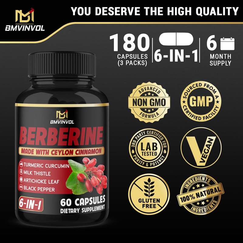 (3 Packs) Berberine Supplement Plus Ceylon Cinnamon, Milk Thistle, Turmeric,