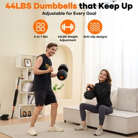 Adjustable Dumbbell Set, 44LBS Weights Dumbbells Set with Connector, 4 In 1 Dumbbell Set Used as Barbell, Kettlebell, Push-Up Stand and Weight Plate, Fitness Equipment for Home Gym