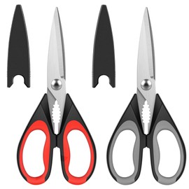 2 Pcs Kitchen Scissors, Heavy Duty Kitchen Scissors, Stainless Steel Kitchen Shear with Cover, Multipurpose Cooking Scissors for Meat Chicken Fish Nut Vegetable Herb, Bottle Opener (Black & Red)