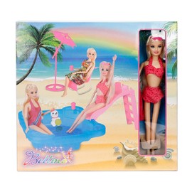 MOKIDOLL Blond Hair Doll Glam Pool and Slide, 12" Summer Beach Swimming Suit Doll Playset, with Umbrella and Chair. Great Gift for Girls Age 3 4 5 6 7 (with Doll)