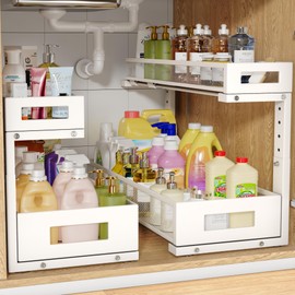 Biboraya 2 Pack 20.47IN Depth Under Sink Storage Organizer, Large 2-Tier Elegant Mesh Pull Out Shelf for Kitchen and Bathroom Cabinet Organization, L-Shaped and Adjustable Height Design-White