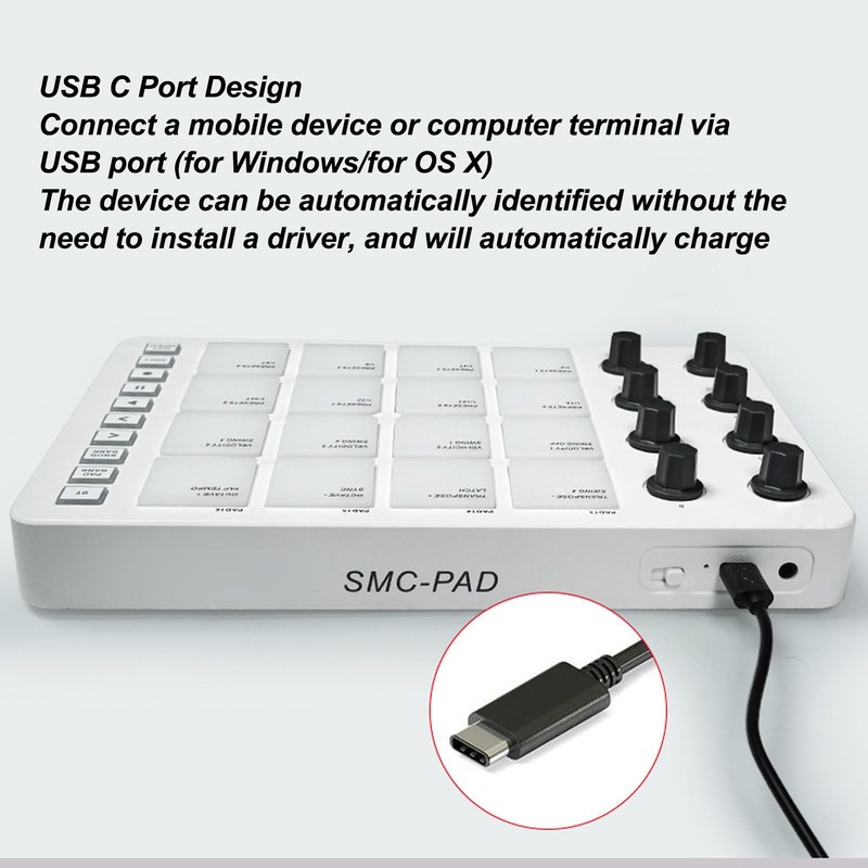 MIDI Controller, RGB Drum Pads 360° Rotating Knobs, 16 Pads,