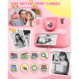LETSHAHA Kids Camera Instant Print, Christmas Birthday Gifts for Toddle Girls Boys Age 3-12, 24MP & 1080P Selfie Digital Camera with 3 Roll no-Ink Print Paper 32G SD Card