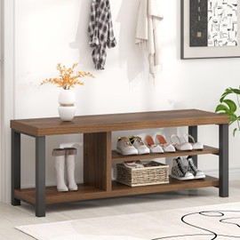 FOLUBAN Shoe Bench, Modern Wood and Metal Storage Bench for Entryway Hallway, Industrial Indoor Shoe Rack Bench Seat for Bedroom, Living Room, Rustic Walnut, 43.3 Inch