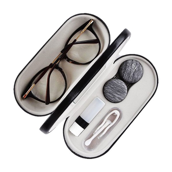 Funda para lentes de contacto 2 en 1, diseño de doble uso para estuche de lentes de contacto y estuche de gafas, kit de viaje de doble cara, incluye herramienta removedora con espejo, imitación madera grano doble caja (gris plateado)