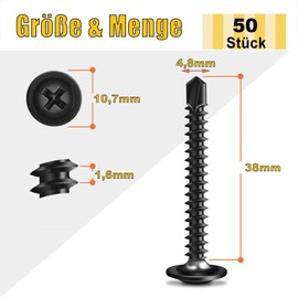 Pack of 50 self-tapping screws, 4.8 x 38 mm, self-tapping screws, stainless steel, Phillips screws, black oxide, with screwdriver bit