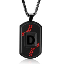 Fervia Baseball Initial Necklace for Men Dog Tag Stainless Steel Black Letter Pendant Sport Baseball Athletes Jewelry Gifts for Men Boys Teen Kids Boyfriend with 22+2 Inches Stainless Steel Chain(D)