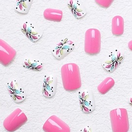 24Pcs Flower Press on Nails Short Square Fake Nails with Designs Cute False Nails Full Cover Glossy Stick on Nails Summer Pink Acrylic Glue on Nail for Women Daily Wear