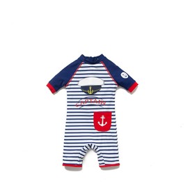 BONVERANO Baby Boys Sunsuit UPF 50+ Sun Protection All in One with Zipper Swimwear with Sun Hat(Stripe,3-6Months)