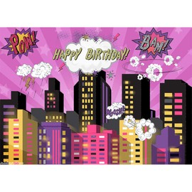 Cartoon Super City Themed Photography Backdrop 7x5 Wonder Woman Superhero Birthday Party Background for Girl Pink Night City Vinyl Backdrops for Baby Shower