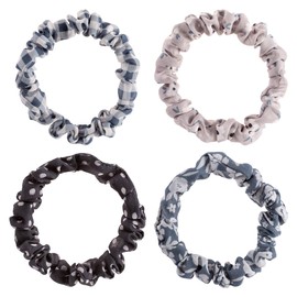 Karma 4-Set Slim Hair Scrunchies for Women - Slim Elastics Hair Bands Scrunchy Hair Ties, Girls Hair Accessories - Great Gift for Holiday Seasons, Black & Grey Floral