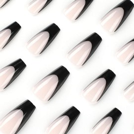 Generic Square French Tip Press on Nails - Reusable Fake Nail Kit with Glue 24pcs in Many Sizes (Black Square French Tip Press on Nails), Large