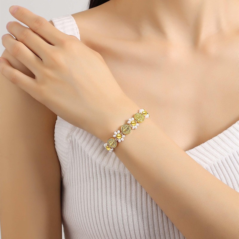 Feyukeu 18K Gold Plated Saint Benedict Medal Bracelet‌ - Adjustable
