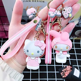 PaPiJoJo PaPiJoJo Cute Kawaii Accessories Anime Keychain Cartoon Keyring Key Purse Handbag Car Charms My Melody + Kitty 2pcs
