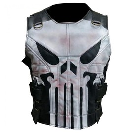 Men's Punisher Season 2 Skull Frank Castle Motorcycle Black Real Leather Vest Costume (US, Alpha, XX-Large, Regular, Regular, Black)