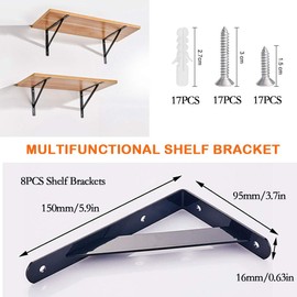8Pcs Shelf Brackets Heavy Duty Triangle Shelving Brackets Right Angle Wall Mounted Shelf Supporters, Black 6 Inch