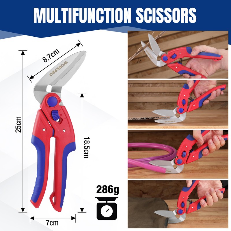 WORKPRO 250mm Heavy Duty Scissors, Multi-Purpose Angled Scissors, Serrated Blade