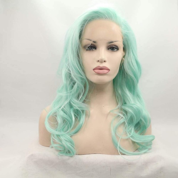 Xiweiya Natural Mint Green Wig Side Bangs Synthetic Hair Lace Front Wig Long Wavy Heat Resistant Fiber For Women Hair Body Wave Wigs