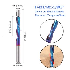 Spiral Flush Trim Router Bit 1/4'' Shank, Down Cut Spiral Router Bit with Bottom Bearing, 4 PCS 1-1/8'' Cutting Length Coated Flush Cut Trimming Bit Template Pattern Planning Bit for Woodwork