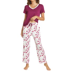 GYS Womens Bamboo Viscose Pajamas Set Super Soft Short Sleeve V Neck Top and Pants Pj Sleepwear Sets, Purple, Large