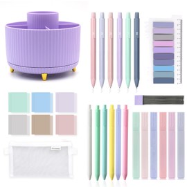 QpenguinBabies Aesthetic School Supplies, 360° Rotating Pencil Holder, Highlighter, Ballpoint Pen, Mechanical Pencil, Sticky Notes, Tabs, Pencil Case for Office, School and Home (Purple)