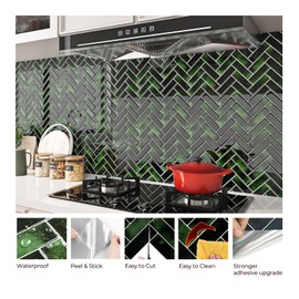 FunStick 15 Pcs Emerald Green Herringbone Peel and Stick Backsplash for Kitchen Self Adhesive Wall Tiles 12x12 Kitchen Backsplash Tiles Peel and Stick Tile Stickers for Bathroom Shower Fireplace Walls