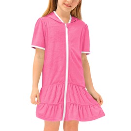 Girls Summer Zip Up Ruffle Hem Swim Cover Up Short Sleeve Towel Beach Bathrobe Rose Red 10 Years