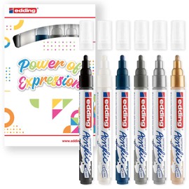 edding 5100 Acrylic Markers Medium - Essential Colours - 6 Waterproof Acrylic Paint Markers - Round Tip 2-3 mm - Acrylic Painting Pen for Drawing on Canvas, Art Paper and Wood - Acrylic Marker for