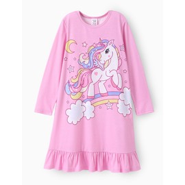PATPAT Nightgowns for Girls, Pack of 2 Long Sleeve Pyjamas, Teenagers, Unicorn Design Dress, Nightdress Children, 2-12 Years, Size 80-152, pink