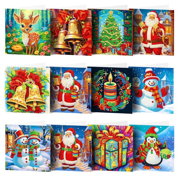 12 Packs 5D Diamond Painting Christmas Cards DIY Drill Crystal Rhinestone Arts Christmas Tree Santa Claus New Year Greeting Card with Envelopes Christmas Gifts for Friends/Families/Kids