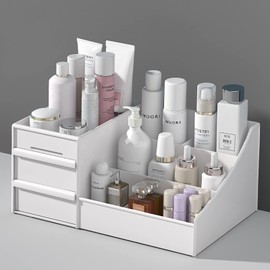 Organizador de Maquillaje con Cajones, Caja Blanca para Cosméticos  Organizador de Baño, Elegante Soporte de Tocador para Pintalabios, Brochas,...    