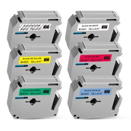 Meritom 6X Compatible Brother P-touch M Tape 12mm for Brother Label Printer M Tape MK131 MK231 MK431 MK531 MK631 MK731 Cassette Tape for Brother Label Maker PT-90 PT-M95 PT-80 PT-100 PT-110 PT-65