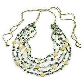 Avalaya Long Multistrand, Layered Green, Olive Sea Shell Bead Necklace with Suede Cord - Adjustable - 72cm/ 110cm L