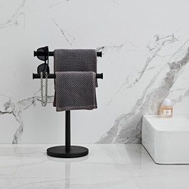 Black Hand Towel Holder Stand, Double T-Shape Hand Towel Stand Towel Rack Towel Bar for Bathroom Countertop, SUS304 Stainless Steel SHUNLI