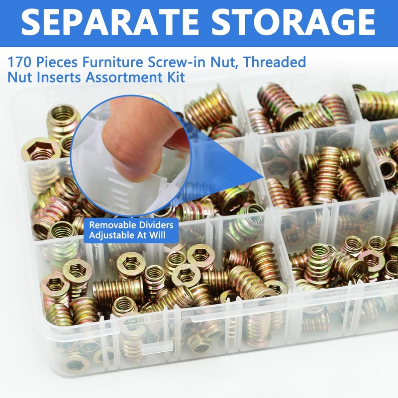 170 PCS Threaded Inserts Nuts, 10 Sizes-1/4"-20, 5/16"-18, 3/8"-16 Wood
