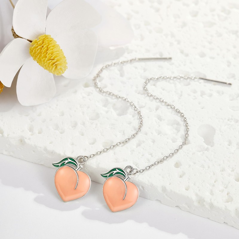 Peach Earrings Sterling Silver Peach Threader Earrings Fruit Jewelry For