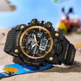 Gosasa Womens Digital Sports Watch 5ATM Waterproof Watch LED Light Large Face Analog Multifunctional Wrist Watches with Alarm Stopwatch Calendar Hourly Chime (Black Gold)