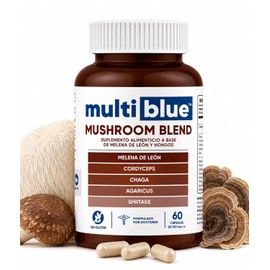 Melena de Leon Mushroom Blend - 1,100mg por Porción | Suplemento de 6 hongos: Cordyceps, Chaga, Shiitake y Más | Apoyo Cognitivo y Energía 100% Natural, Vegano | MULTIBLUE - 60 Cápsulas
