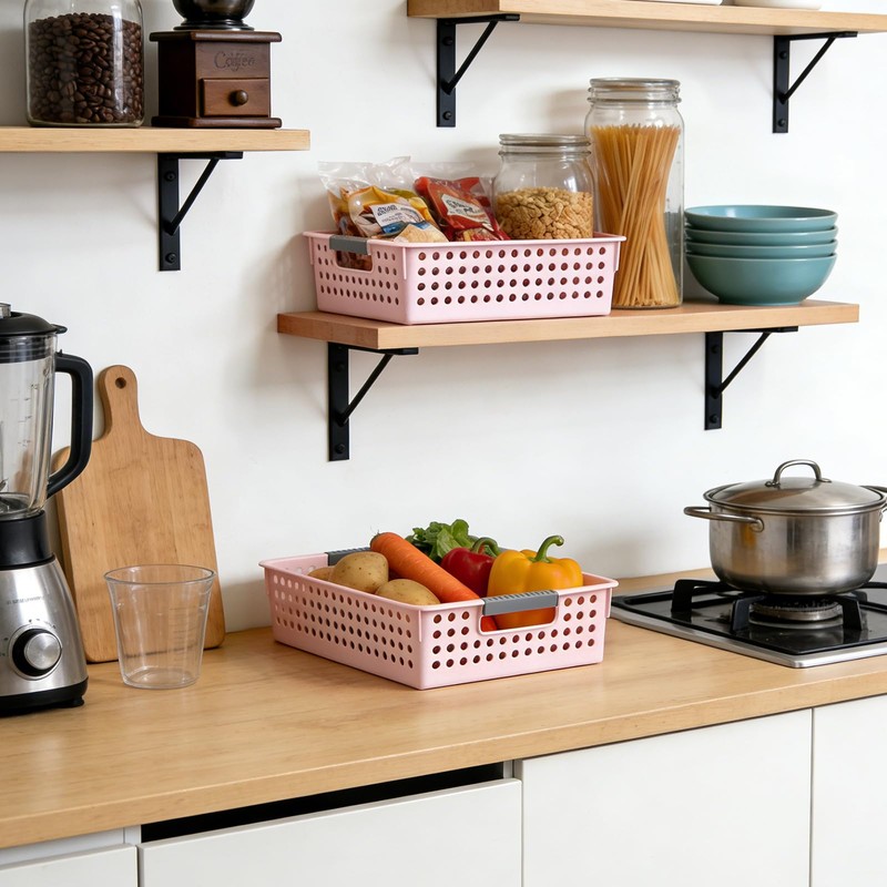 4 Pack Plastic Storage Basket with Handles, Wide Shallow Organizer