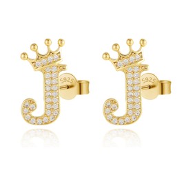 Letter Stud Earrings Crown Earrings for Girls 925 Sterling Silver Cubic Zirconia Initial Stud Earrings Hypoallergenic Earrings for Women (J)